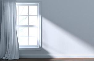 Sunlight streams into a room with a window and drapes. photo