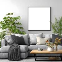 Gray sectional sofa with plants and blank art in a modern living room. photo