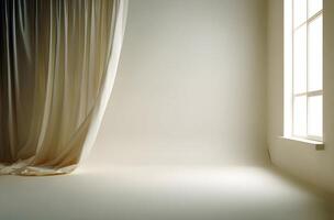 Plain beige room with window and flowing curtains. photo