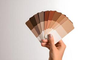 A hand holds a color palette of various shades of brown. photo