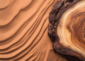 A cross-section of a tree trunk set against a textured surface of sand. photo