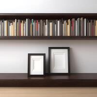 Empty picture frames on a dark wooden shelf, amidst a bookcase. photo