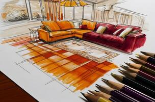 Interior design sketch of a living room with a sectional sofa. photo