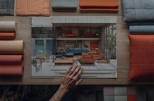 Interior design sketch with color swatches. photo
