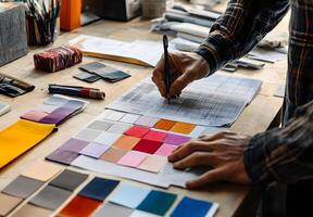 Designer working with color swatches and design plans. photo
