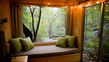 Cozy window seat with a view of a wooded landscape. photo