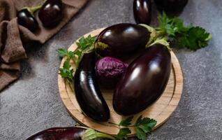 A simple and elegant flat lay depicting eggplants, parsley, and a knife, all neatly arranged on a textured, grey surface. photo