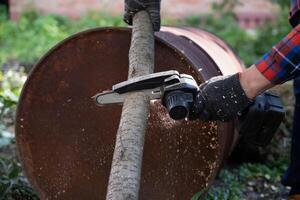 A man in gloves saws a wooden tree trunk with a saw. professional working. photo
