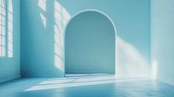 Sunlight streams through a blue-toned room with an elegant archway creating a serene and peaceful atmosphere photo