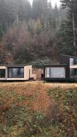 Modern cabins surrounded by dense forest in a misty hillside setting. Cabins in misty forest clearing video