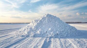 Winter wonderland emerges with colossal snow mound under bright blue sky at frozen lake's edge photo