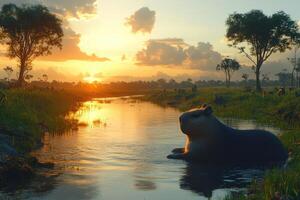 Serene sunset over a river with a capybara. photo