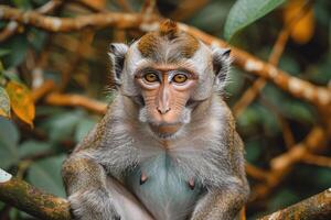 Close-up portrait of a monkey in a jungle setting. photo