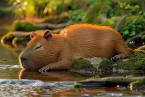 Relaxed capybara resting near a tranquil stream. photo