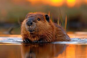 Close-up view of a beaver in shallow water. photo