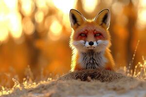 A focused portrait of a red fox at sunset. photo