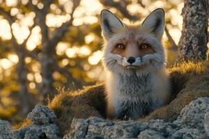 A vibrant fox portrait in a natural setting at dawn. photo