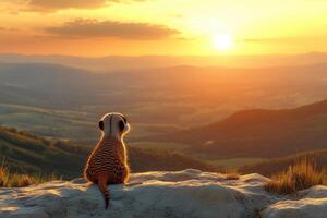 A small meerkat contemplates the golden sunset over a mountain range. photo