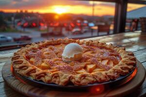 Scrumptious peach pie with vanilla ice cream at sunset. photo
