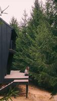 Black Modern Cabin Nestled Among Dense Pine Trees. A sleek, black, modern cabin with a balcony blends into the surrounding dense pine forest, creating a video