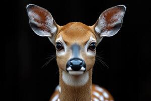 Close-up portrait of a fawn against a dark background. photo
