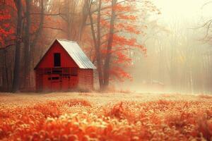 Autumnal fog envelops a rustic red barn in a field. photo