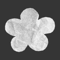 Simple crumpled paper flower silhouette on dark background. Minimalistic sticker from notebook page with jagged torn edges, gritty dotted texture, halftone effect. vector