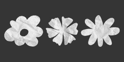 Set of simple wildflower flat silhouettes with crumpled paper texture on dark background. Cute stickers from notebook sheet with jagged torn edges, dotted gritty texture, halftone details. vector