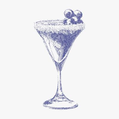 Hand drawn blue Italian style aperitivo cocktail, drink with vintage ink sketch style. Noisy gritty dot halftone effect, retro pop art stipple texture for cafe menus.