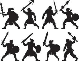 Silhouettes of warriors fighting with swords and shields vector