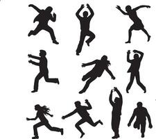 Nine diverse silhouettes people jumping running falling vector