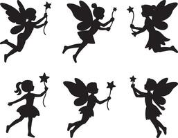 Six silhouettes of cute little fairies with stars vector