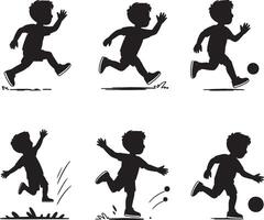 Active boy silhouettes playing soccer running jumping vector