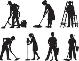 Cleaning service workers silhouettes diverse tasks vector