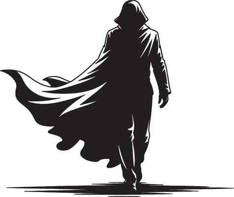 Mysterious figure walking in long cloak silhouette