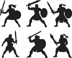 Best Silhouettes of warriors fighting with swords and shields vector