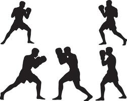 silhouettes of a man in various poses with boxing gloves vector