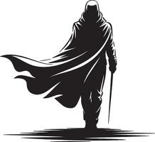 Mysterious figure walking with long cloak and cane vector
