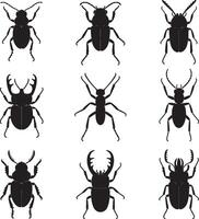 Collection of nine black beetle silhouettes vector