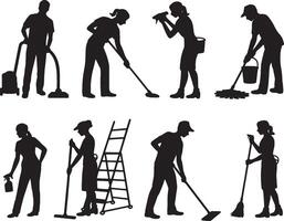 Cleaning service workers diverse tasks silhouettes vector