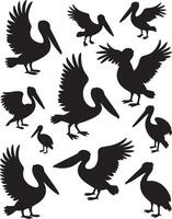 Silhouettes of pelicans in flight and resting vector