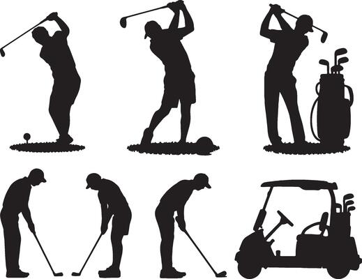 silhouettes of golfers playing golf in various positions