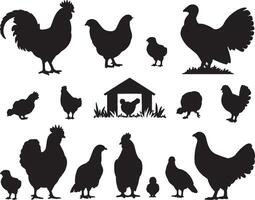 Silhouettes of chickens roosters hens coop farm animals vector