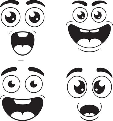 Four cartoon faces showing different happy expressions