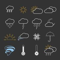 Line icon set about weather.Sun, moon and cloud, rain and wind, thunderstorm and fog, snow meteorological symbols for app. Sunny, rainy and windy, thunderstorm and snowy, foggy weather. vector