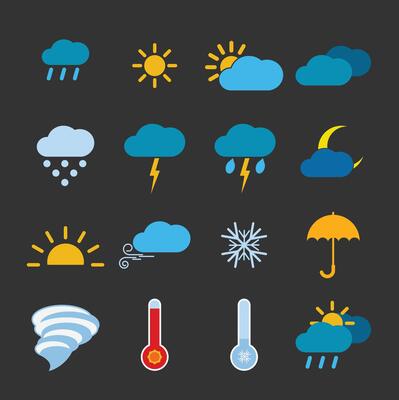 Weather icon set rain,sun,snow,cloud,wind,tornado,thunderstorm.meteorological symbols for app. Sunny, rainy and windy, thunderstorm and snowy, foggy weather.
