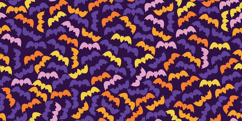 Colorful Halloween Seamless Pattern with Bat Silhouettes on Purple Background. Flying cute bats with orange, pink, and yellow great for Halloween fashion print, wrapping paper, web, wallpapers