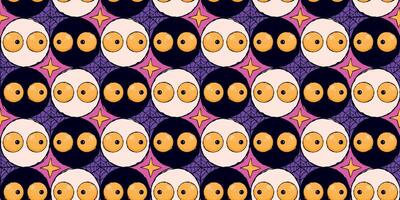 Halloween Seamless Pattern with Cartoon Black and White Faces with Big Eyes. Pink and purple spiderweb background. Bold and bright layout with curious expressions great great for print, web, fashion vector