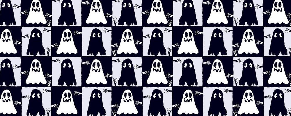 Seamless Halloween Ghost Pattern with Cute White and Black Spooky Shapes. Charming scary ghost, perfect for Halloween wrapping paper, textiles, backdrops, web, banner, wallpaper