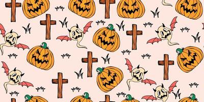 Cute Halloween Pattern with Pumpkins, Ghostly Bats, and Wooden Crosses on White Background. Playful cartoon icons arranged in a seamless backdrop, perfect for print, apparel, web vector